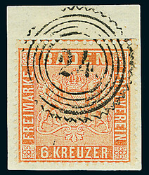 6 Kr. lachsrot, acht gestempelte Luxusstücke, davon zwei auf ...