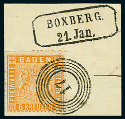 6 Kr. orange, sieben Luxusstücke, davon vier auf Briefstücken, mit ...