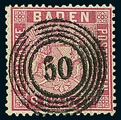 9 Kr. karmin, vier Luxusstücke mit Nummernstempeln "50" GERNSBACH, ...