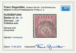 9 Kr. karmin, Luxusstück mit klarem Nummernstempel "156" WEINHEIM. ...