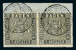 1 Kr. schwarz, waagerechtes Paar auf Kabinett-Briefstück mit zweimal ...