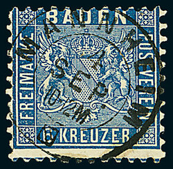 6 Kr. blau, zwei Exemplare mit Nummernstempel "87" MANNHEIM und K2 ...