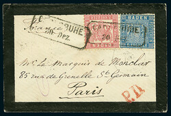 6 Kr. preußischblau, liniierter Grund, in Mischfrankatur mit 3 Kr. ...