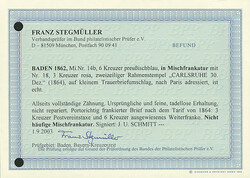 6 Kr. preußischblau, liniierter Grund, in Mischfrankatur mit 3 Kr. ...