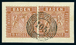 9 Kr. rötlichbraun, waagerechtes Paar auf Briefstück mit einem klar ...