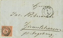 9 Kr. dunkelrötlichbraun, Einzelfrankatur auf Postvereinsbrief mit ...