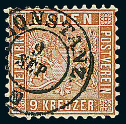 9 Kr. rötlichbraun, sechs Luxusstücke, dabei eines auf Briefstück, ...