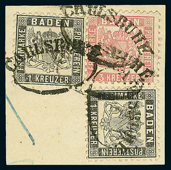 1 Kr. schwarz, zwei Exemplare zusammen mit 3 Kr. rosa, Briefstück ...