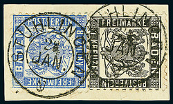 1 Kr. schwarz zusammen mit 3 Kr. rosa auf Briefstück mit zwei ...