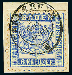 6 Kr. ultramarin, acht Luxus-Briefstücke mit meist vollständig ...