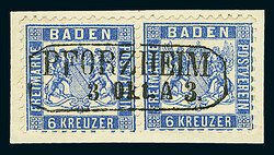 6 Kr. ultramarin, waagerechtes Paar auf Briefstück mit Ra2 ...