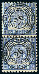 6 Kr. ultramarin, waagerechtes Paar auf Briefstück mit Ra2 ...