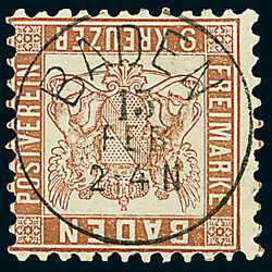 9 Kr. rötlichbraun, Studie von sieben Luxusstücken mit K1 "Baden 13 ...