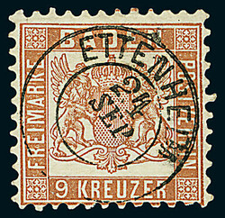 9 Kr. rötlichbraun, Studie von sieben Luxusstücken mit K1 "Baden 13 ...