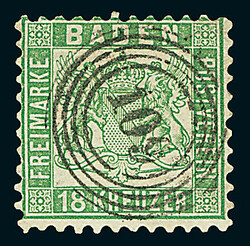 18 Kr. grün, Luxusstück mit Nummernstempel "109" PFORZHEIM. Neues ...