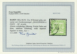 18 Kr. grün, Luxusstück mit K2 "Mannheim". Fotobefund Stegmüller ...