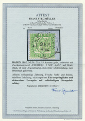 18 Kr. grün, Luxus-Briefstück mit vollständig, klar und gerade ...