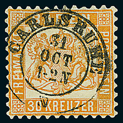 30 Kr. lebhaftgelborange, rep., besonders schön gestempelt mit ...