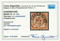 30 Kr. lebhaftgelborange, rep., besonders schön gestempelt mit ...