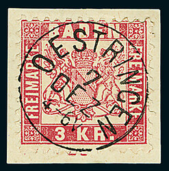 3 Kr. rot, Briefstück mit idealem und vollständigen K1 "Oestringen ...