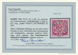 3 Kr. rot, Briefstück mit idealem und vollständigen K1 "Oestringen ...