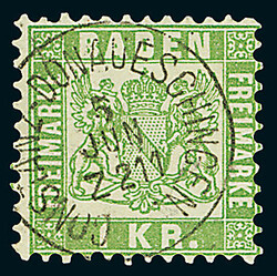 1 Kr. grün, lose Marke mit Bahnpost-K1 "Constanz-Donaueschingen 5 ...