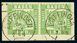 1 Kr. grün, lose Marke mit Bahnpost-K1 "Constanz-Donaueschingen 5 ...