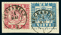 3 Kr. karmin zusammen mit 7 Kr. blau auf Luxus-Briefstück mit zwei ...