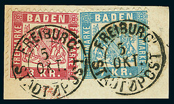 3 Kr. karmin zusammen mit 7 Kr. blau auf Luxus-Briefstück mit zwei ...