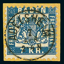 7 Kr. blau, dunkelgelbes Luxus-Briefstück mit zentrisch genau ...