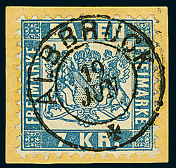 7 Kr. blau, dunkelgelbes Luxus-Briefstück mit vollständig und ...