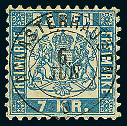 7 Kr. blau, elf Stück, dabei fünf Briefstücke, und ein Exemplar ...