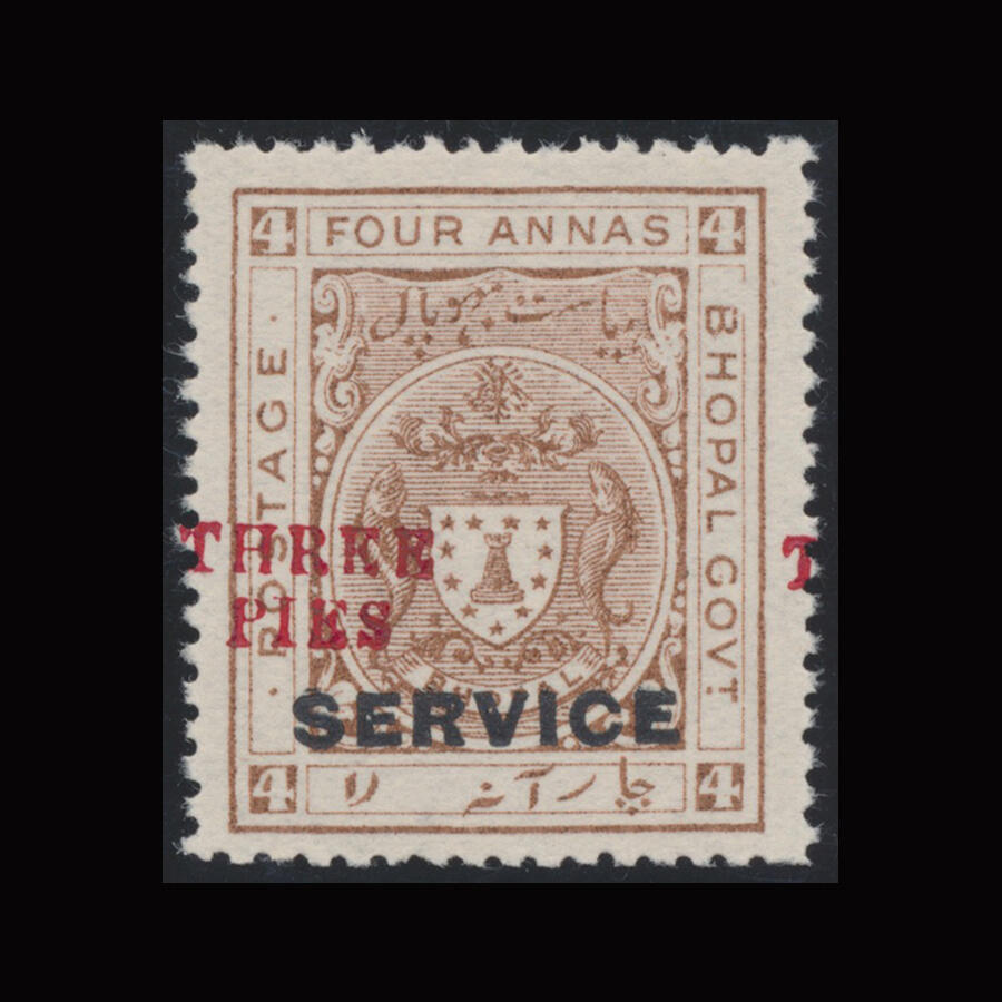 India/Bhopal SG O324 var. 1936 3p. on 4a. Perf. 13½. Surcharged in ...
