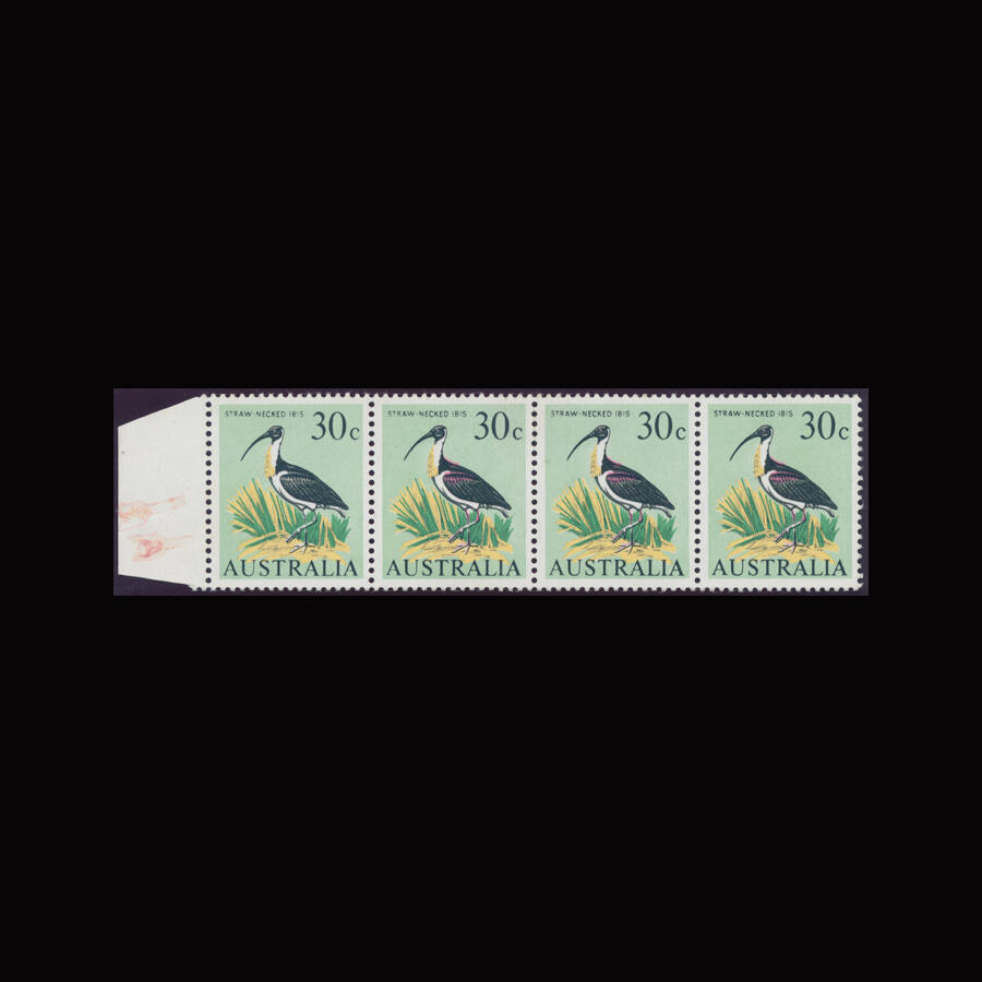SG 397 1966-1973 Straw Necked Ibis. 30c. Strip of 4. Red omitted from ...
