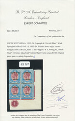 South West Africa SG 38 var. 1926 KGV 5/- Plate No. 1 block of four. ...