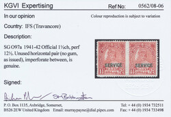 India/Travancore SG O97a 1941-1942 Official. 1 1/2ch. Pair. ‘Imperf ...