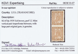 India/Travancore SG 67da 1939 3ch. Vertical pair. ‘Imperf. ...