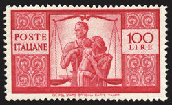 1947 - Democratica 100 Lire carminio vivo, dent. 14 1/4 x 14 1/4 II ...