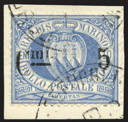 1892 - 5 c. su 10 c. oltremare su piccolo frammento, usato, perfetto ...