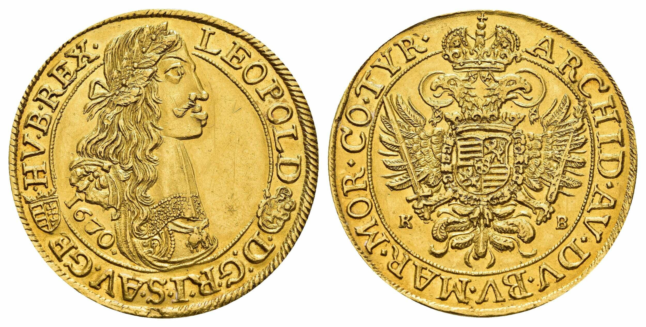 5 Dukaten (17,38 g), 1670, Leopold I., Kremnitz. Av.: Geharnischtes ...
