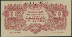 Tschechoslowakei, 500 Korun 1944, mit Perforation Specimen, Ser. ...