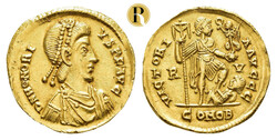 Honorius, 402-423, Solidus (4,47 g), Ravenna. Av.: Kürassiertes ...