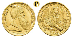 20 Franga Ari 1926, Skanderbeg, Probe in Gold, 6,44 g, vgl. Fb. 4, KM ...