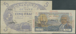 Französisch Guyana, 2 Noten: 5 Francs L.1901 (1947) Sign. M. Buy, ...