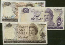 Neuseeland, Reserve Bank, 3 St.:1 und 2 Dollars o. d ( 1975-77) Pick ...
