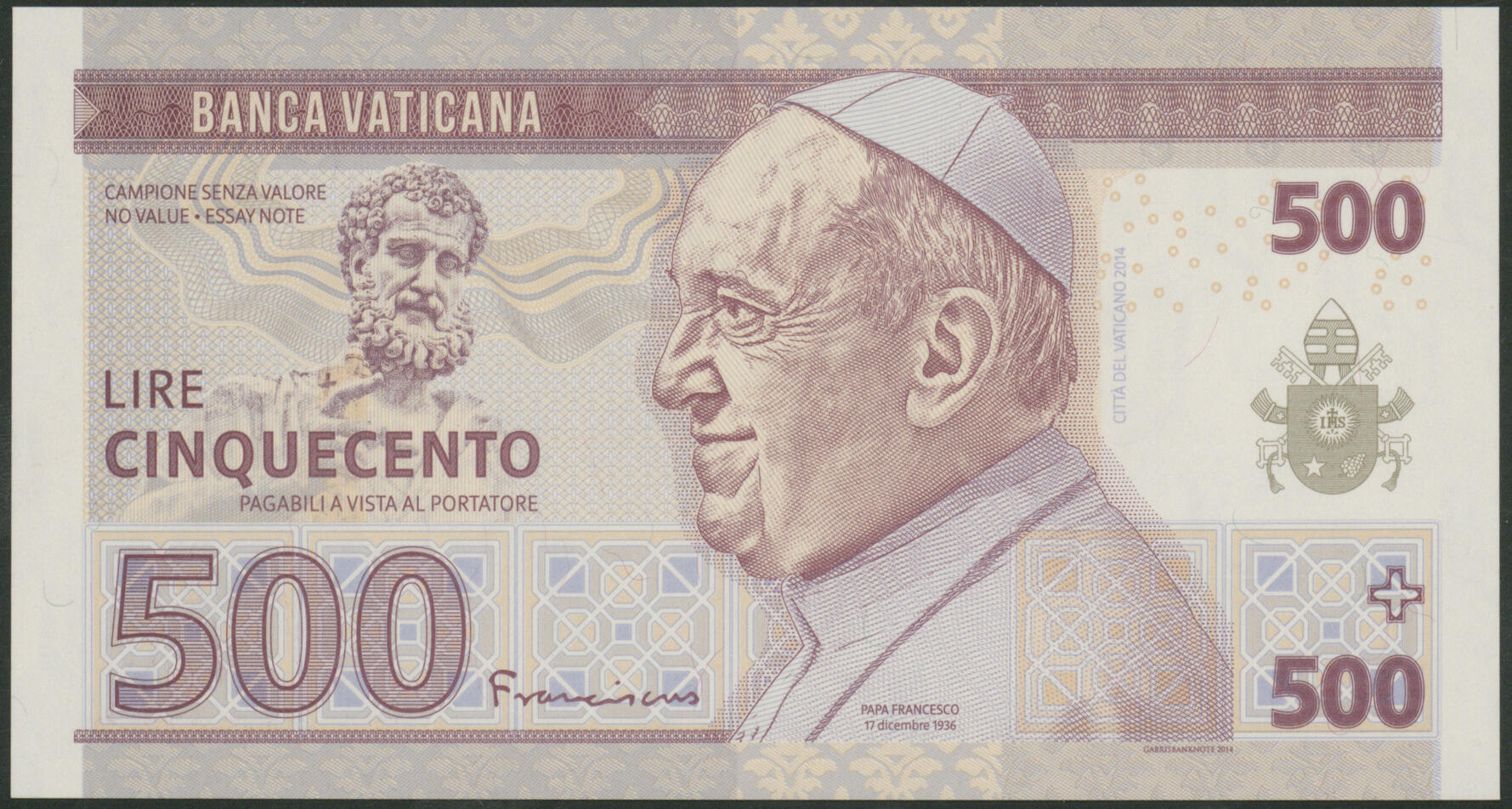 Vatikan, Banca Vaticana, 500 Lire 2014 Essay Ser. AA1400129. I/ unc