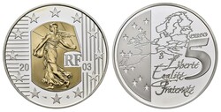 5 Euro, Bimetall, 2003, Abschied vom Franken, mit Goldinlay, PP