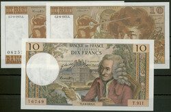 Frankreich, Banque de France, Lot 3 St.: 10 Francs 2.8.1973, P-147d; ...