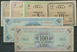 Italien, Militärgeld, 6 St.: 5, 10, 50 und 100 Lire 1943, M10-15, ...
