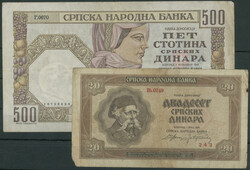 Serbien und Jugoslawien, Lot 8 St. Serbien II. WK, 20 Dinara1.5.1941 ...